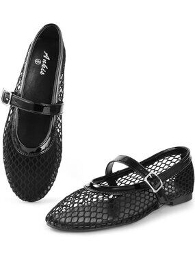 Women's Black Mesh Flats Buckle Strap Mary Jane Ballerina Flats Fishnet Shoes